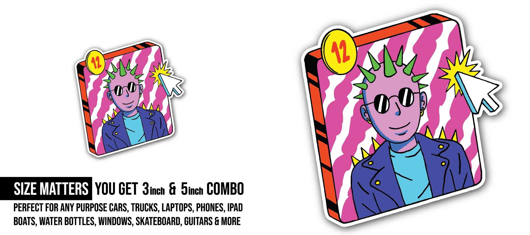 Punk user profile illustration Sticker, Waterproof Vinyl Decal Sticker Indoor Or Outdoor 2 (Pieces) 3" and 5"