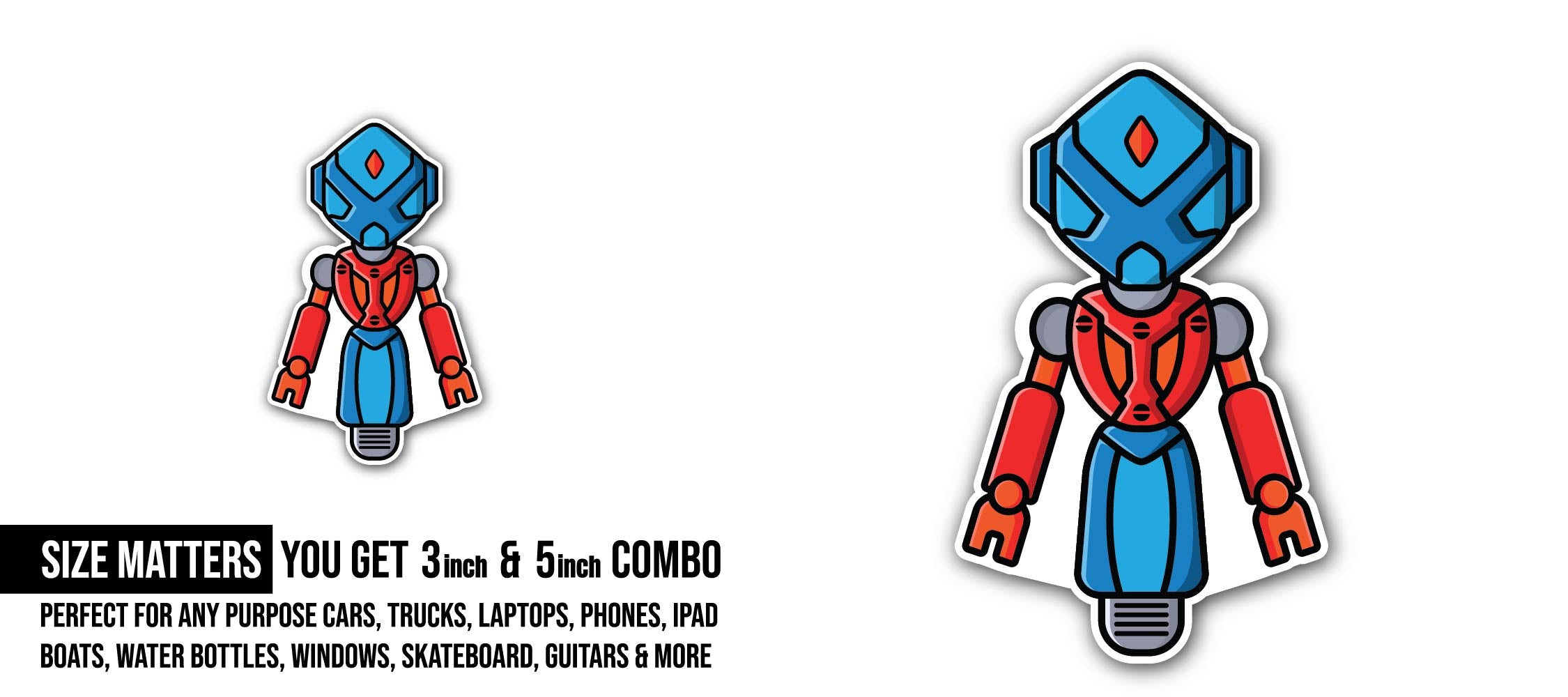 AstroBot Robot Sticker, Waterproof Vinyl Decal Sticker Indoor Or Outdoor 2 (Pieces) 3" and 5"