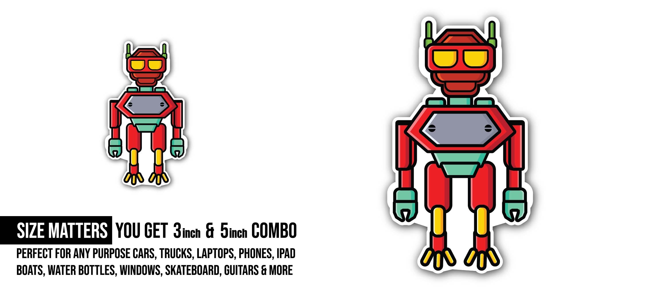 Red Robot Boy Sticker, Waterproof Vinyl Decal Sticker Indoor Or Outdoor 2 (Pieces) 3" and 5"