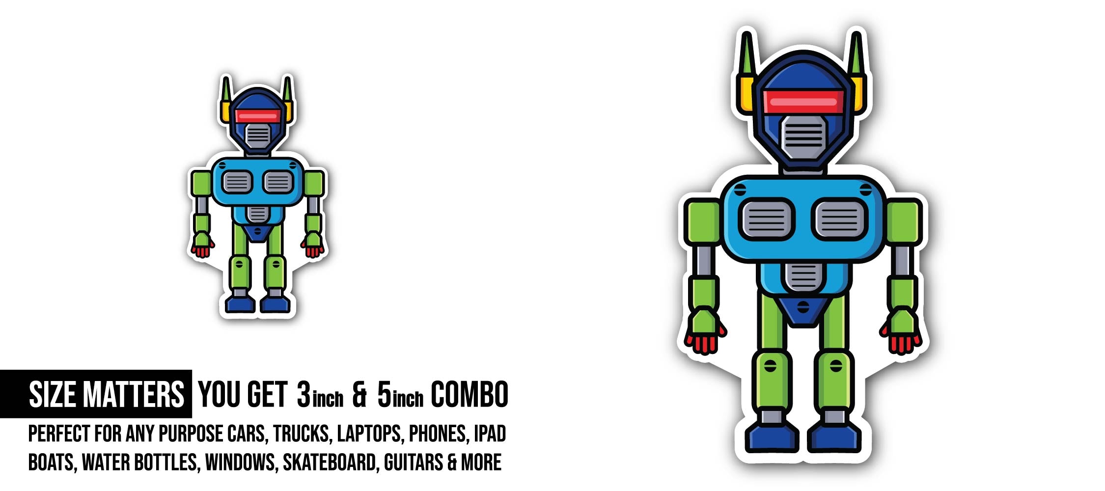 Colorful Toy Robot Cartoon Sticker, Waterproof Vinyl Decal Sticker Indoor Or Outdoor 2 (Pieces) 3" and 5"