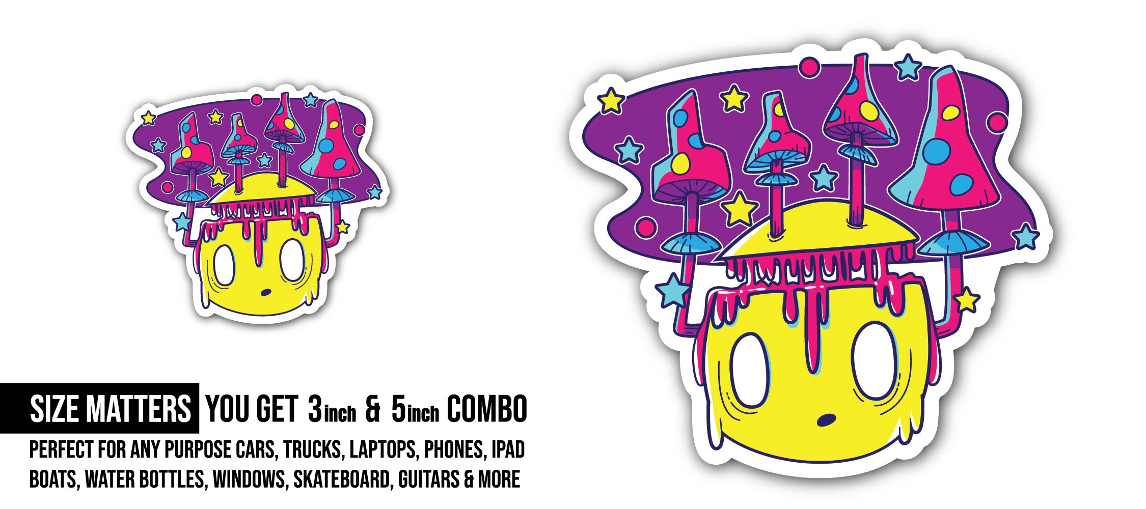 Funky Fungi Sticker, Waterproof Vinyl Decal Sticker Indoor Or Outdoor 2 (Pieces) 3" and 5"