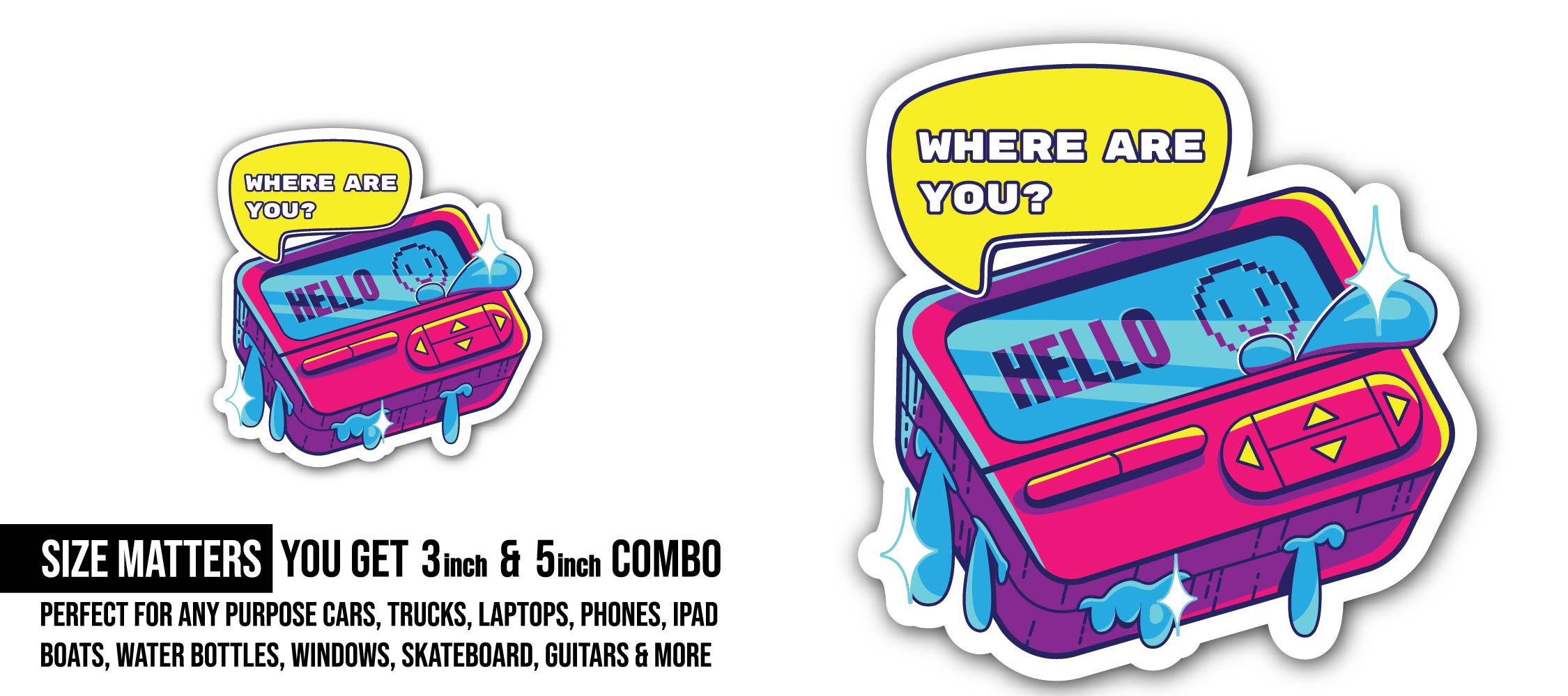 Whimsical emoji and retro gadget set Sticker, Waterproof Vinyl Decal Sticker Indoor Or Outdoor 2 (Pieces) 3" and 5"