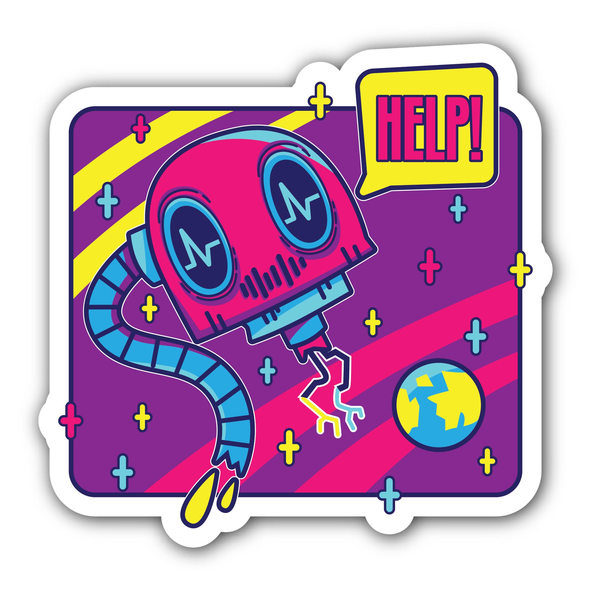 Quirky Space Robot Sticker, Waterproof Vinyl Decal Sticker Indoor Or Outdoor 2 (Pieces) 3" and 5"