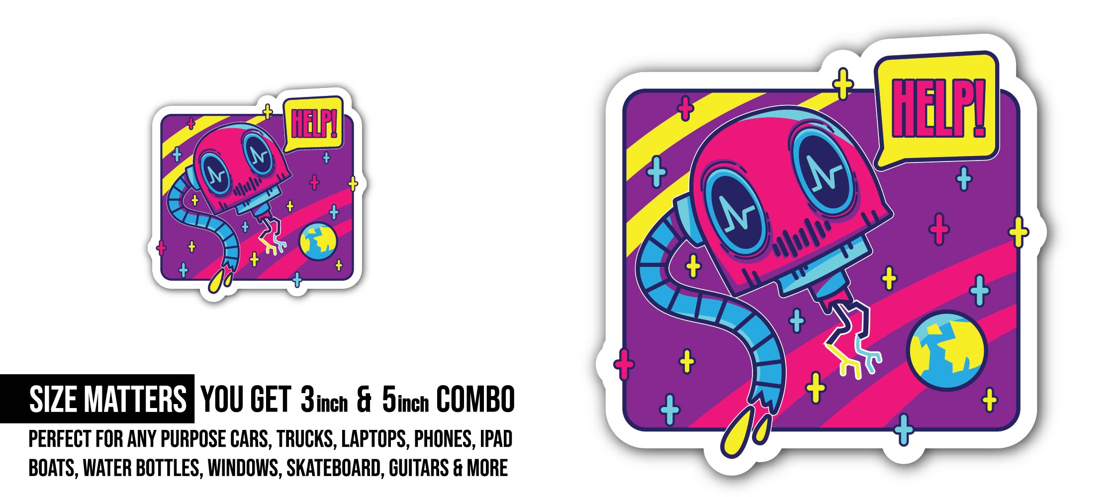 Quirky Space Robot Sticker, Waterproof Vinyl Decal Sticker Indoor Or Outdoor 2 (Pieces) 3" and 5"