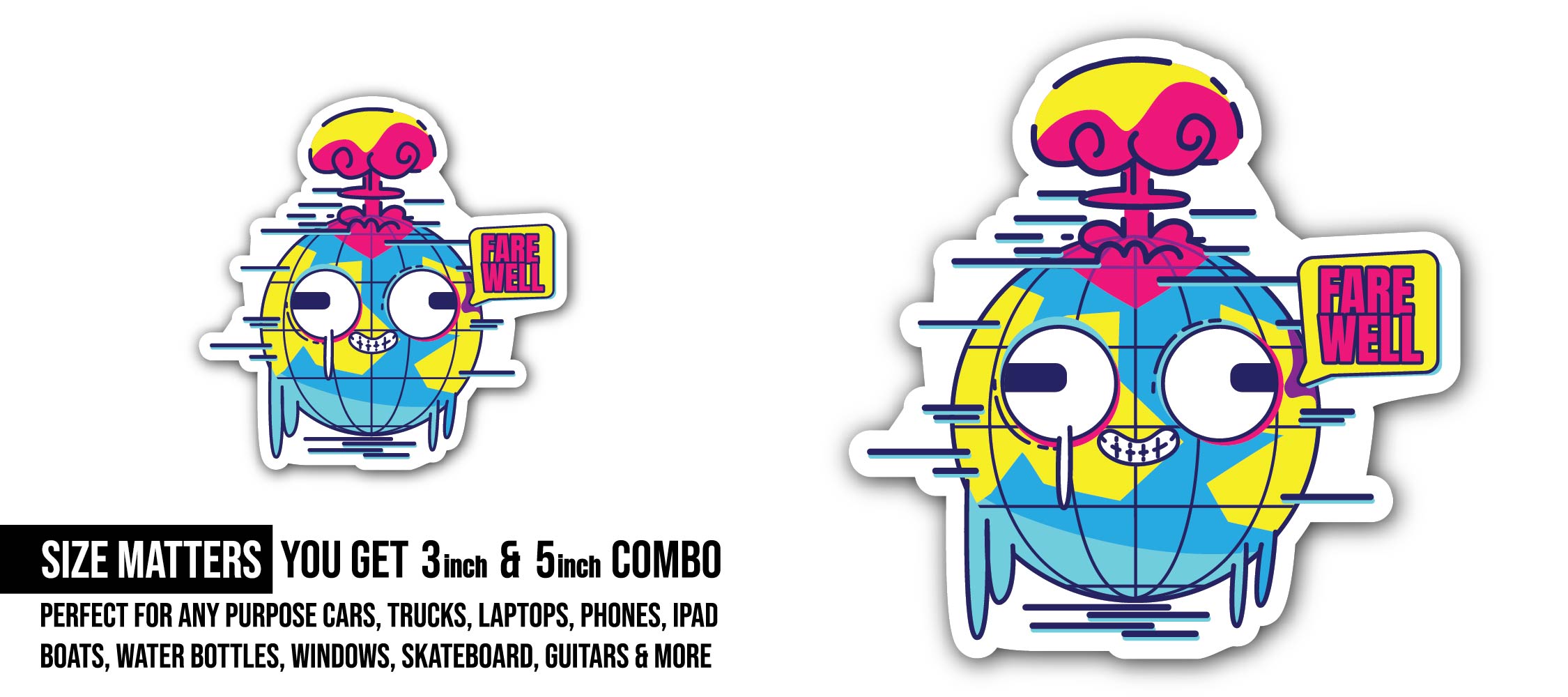 Quirky Space Robot Sticker, Waterproof Vinyl Decal Sticker Indoor Or Outdoor 2 (Pieces) 3" and 5"