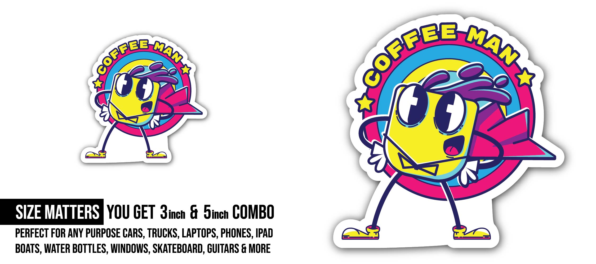 Coffee Man Sticker, Waterproof Vinyl Decal Sticker Indoor Or Outdoor 2 (Pieces) 3" and 5"