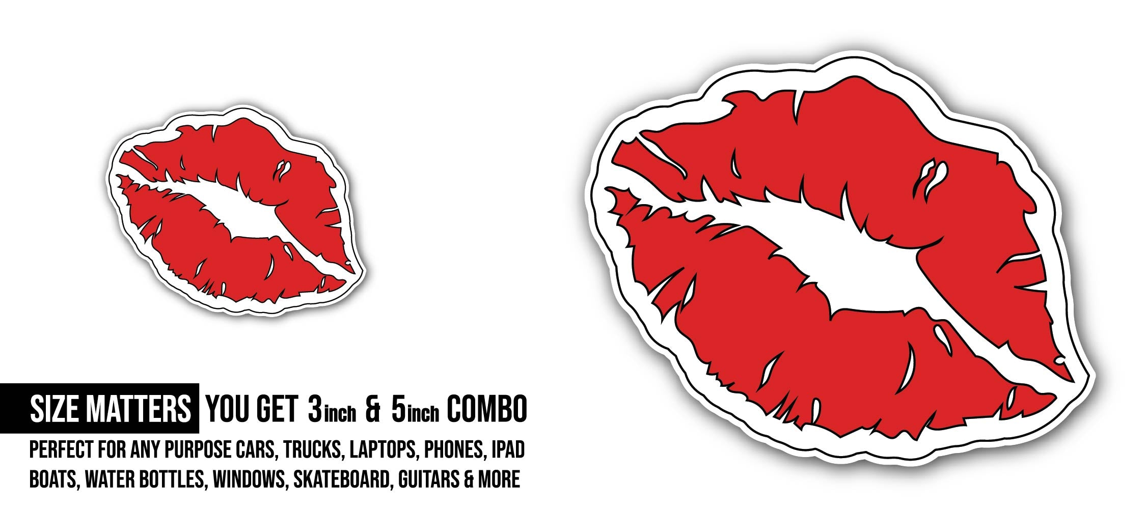 Red lipstick print Sticker, Waterproof Vinyl Decal Sticker Indoor Or Outdoor 2 (Pieces) 3" and 5"