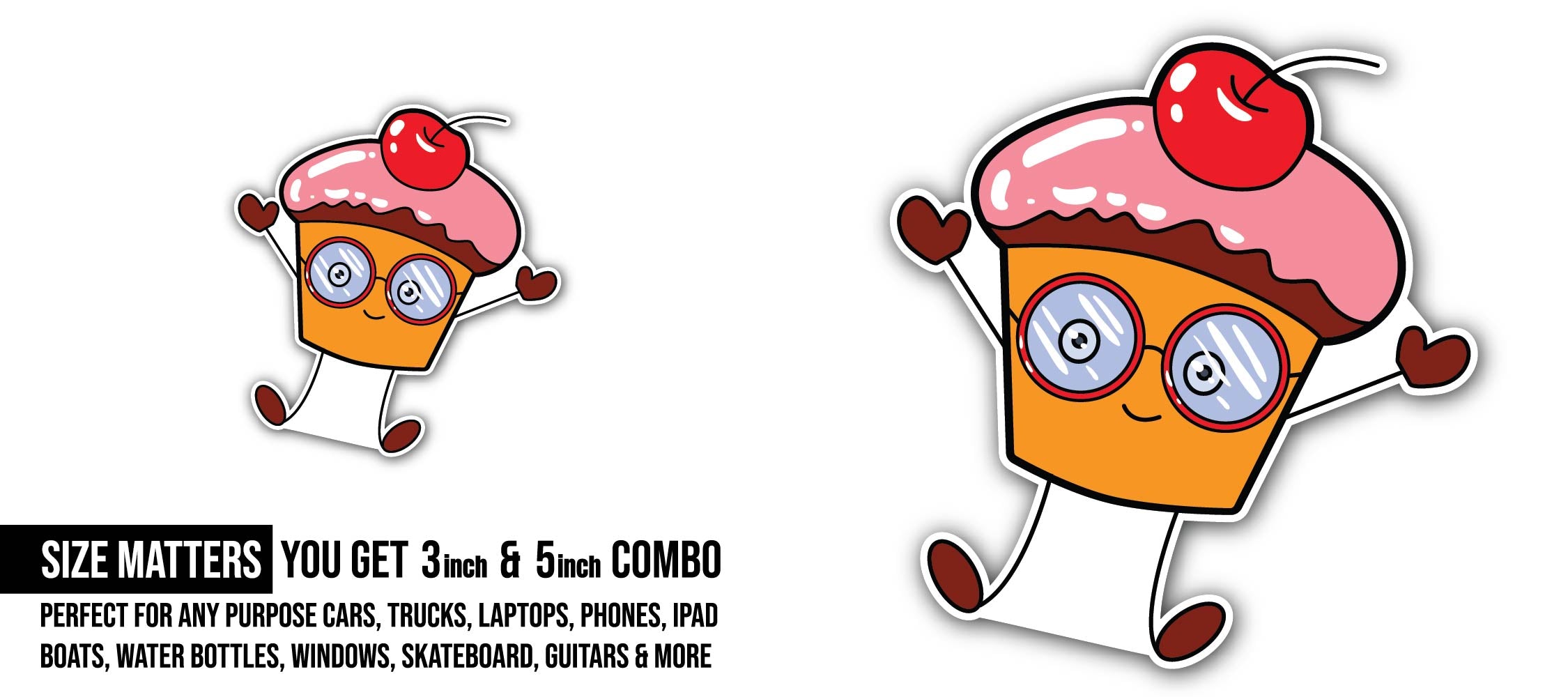 Happy Cupcake Sticker, Waterproof Vinyl Decal Sticker Indoor Or Outdoor 2 (Pieces) 3" and 5"