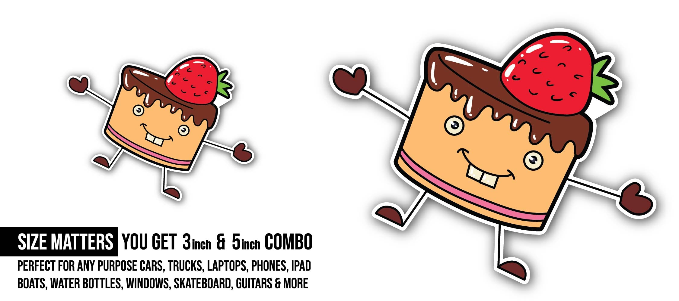 Strawberry Cake Sticker, Waterproof Vinyl Decal Sticker Indoor Or Outdoor 2 (Pieces) 3" and 5"