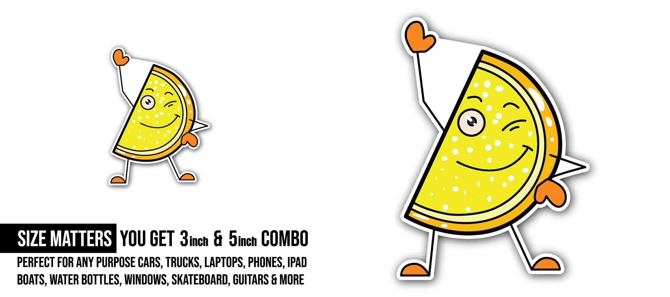 Lemon with a Smiley Face Sticker, Waterproof Vinyl Decal Sticker Indoor Or Outdoor 2 (Pieces) 3" and 5"