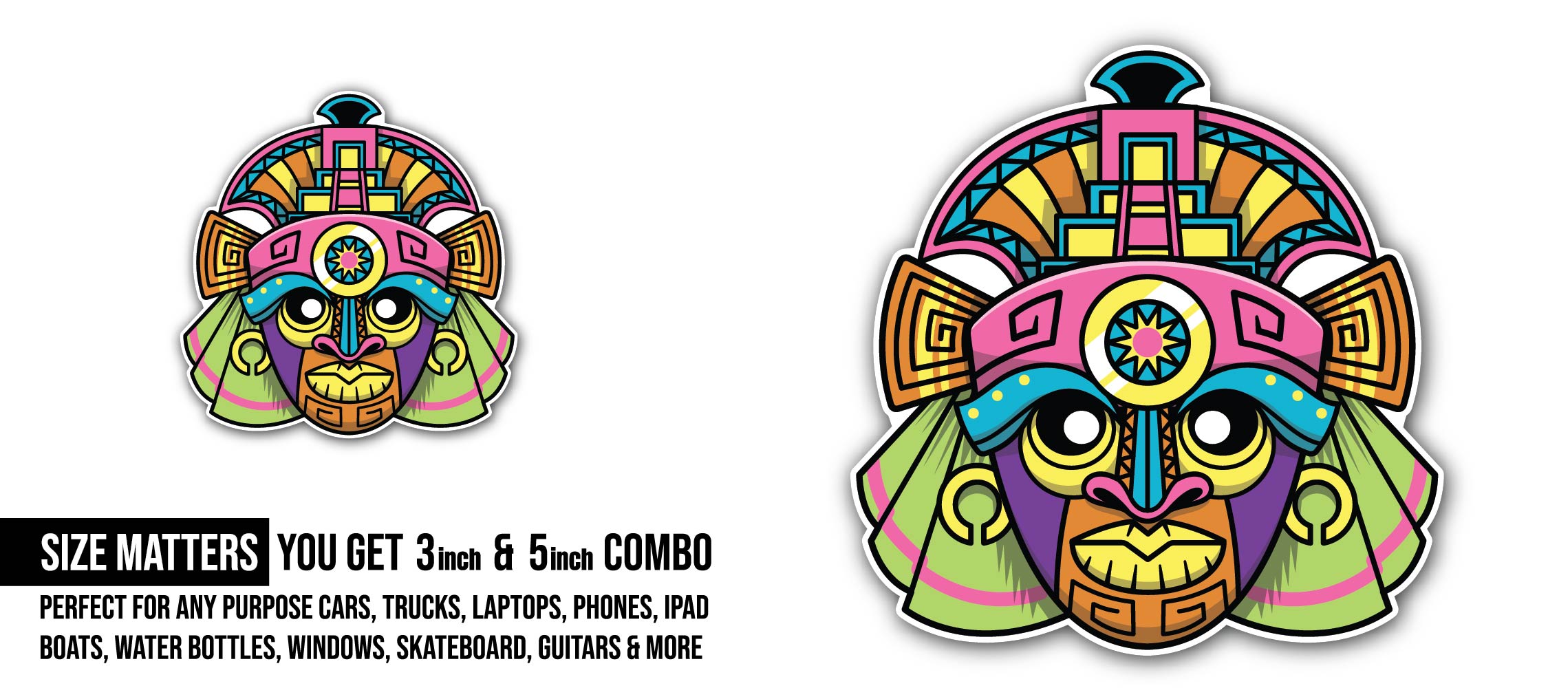 Hawaii Tiki Mask Sticker, Waterproof Vinyl Decal Sticker Indoor Or Outdoor 2 (Pieces) 3" and 5"