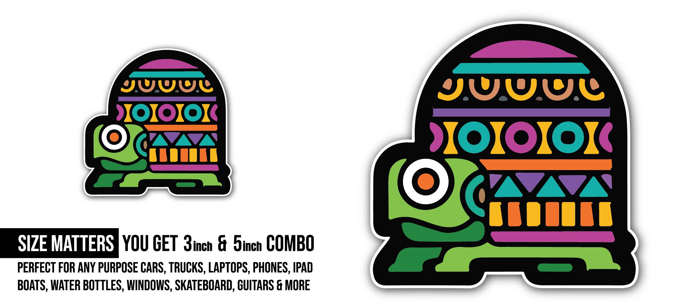 Tribal Design of a Turtle Sticker, Waterproof Vinyl Decal Sticker Indoor Or Outdoor 2 (Pieces) 3" and 5"