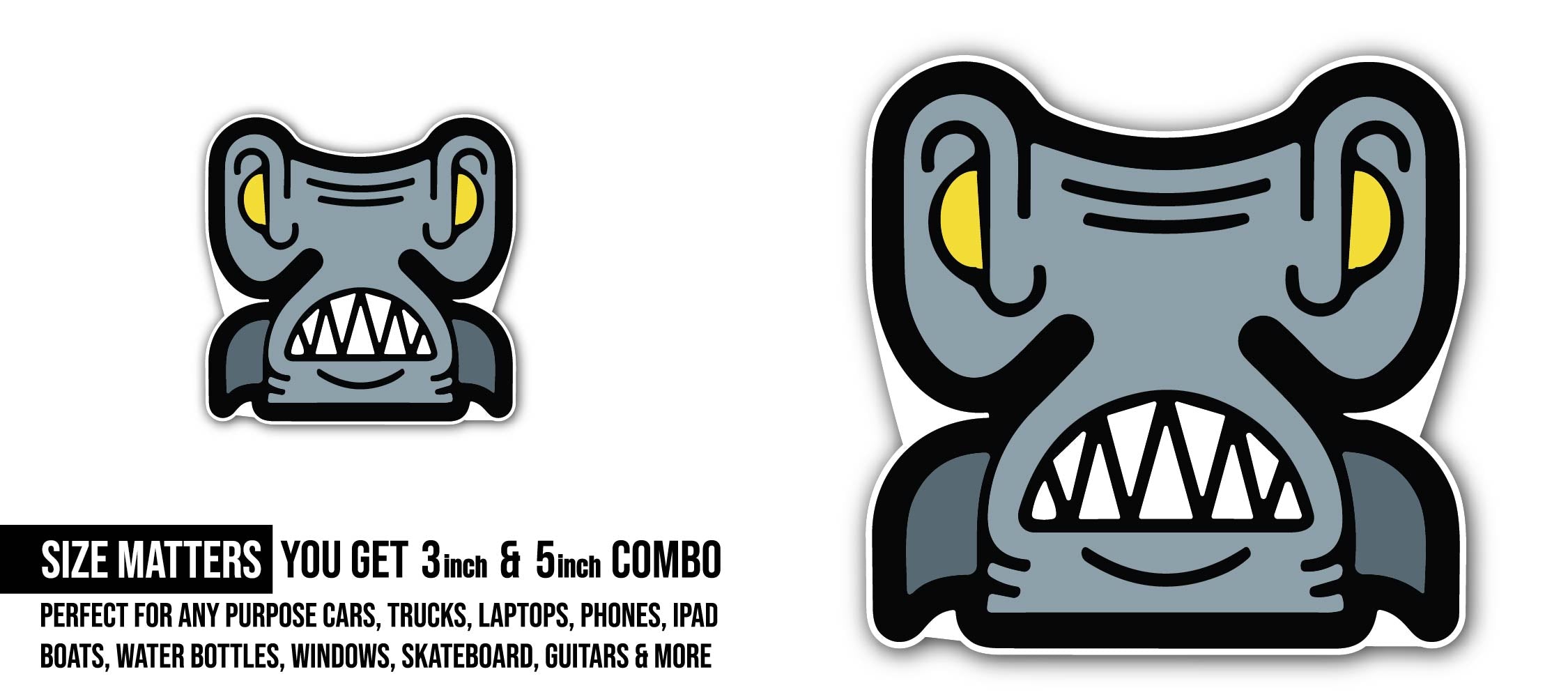 The Grin Monster Sticker, Waterproof Vinyl Decal Sticker Indoor Or Outdoor 2 (Pieces) 3" and 5"