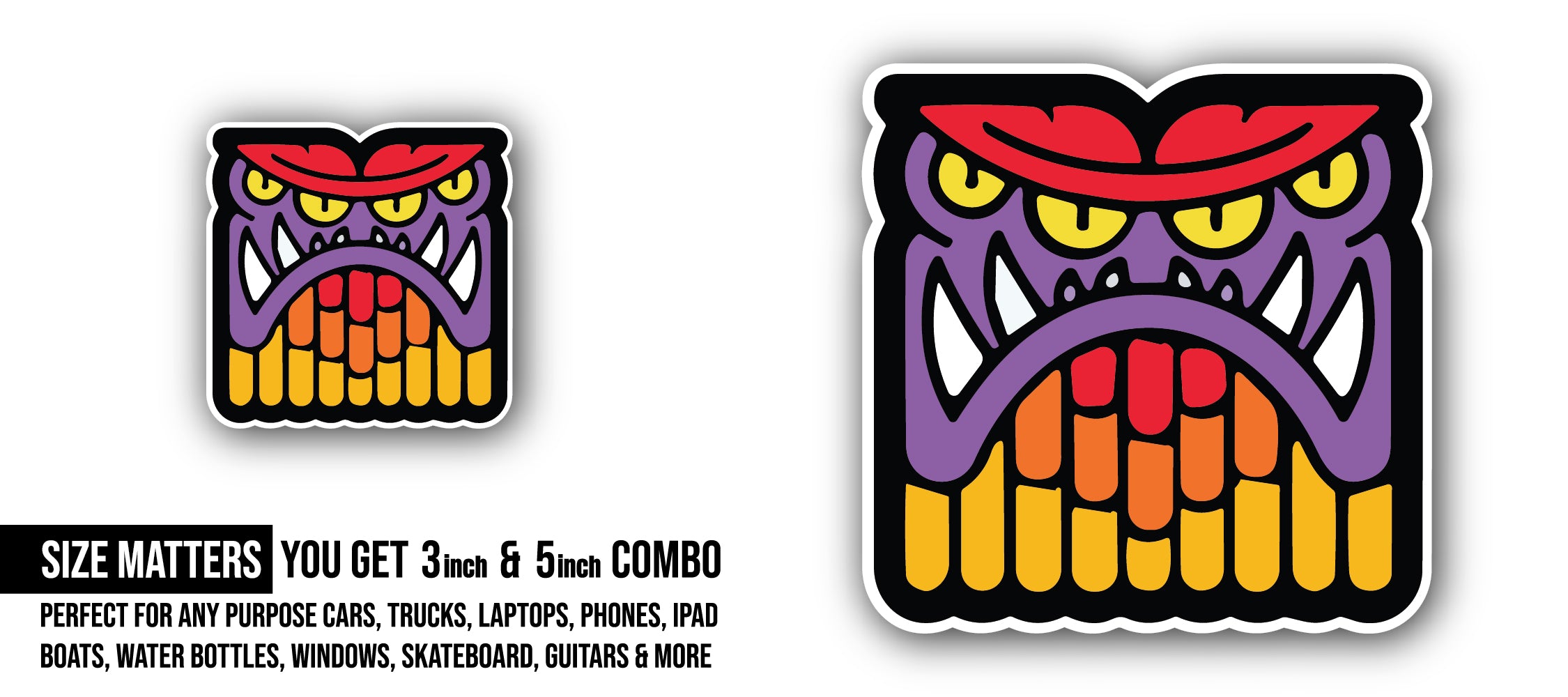 The Grinning Monster Sticker, Waterproof Vinyl Decal Sticker Indoor Or Outdoor 2 (Pieces) 3" and 5"