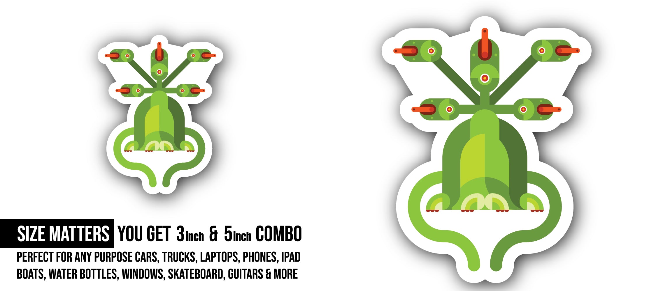 Green Alien Sticker, Waterproof Vinyl Decal Sticker Indoor Or Outdoor 2 (Pieces) 3" and 5"