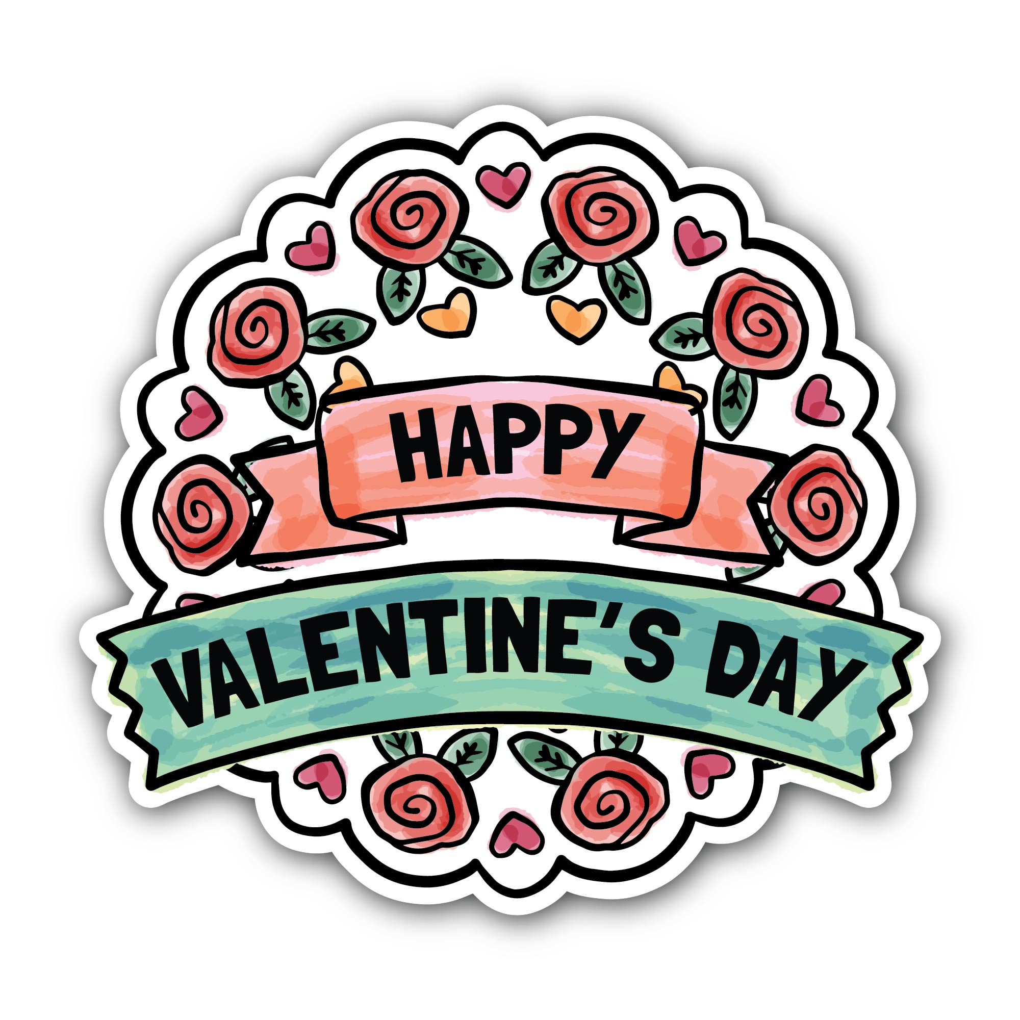 Rose with Happy Valentine's Day Sticker, Waterproof Vinyl Decal Sticker Indoor Or Outdoor 2 (Pieces) 3" and 5"
