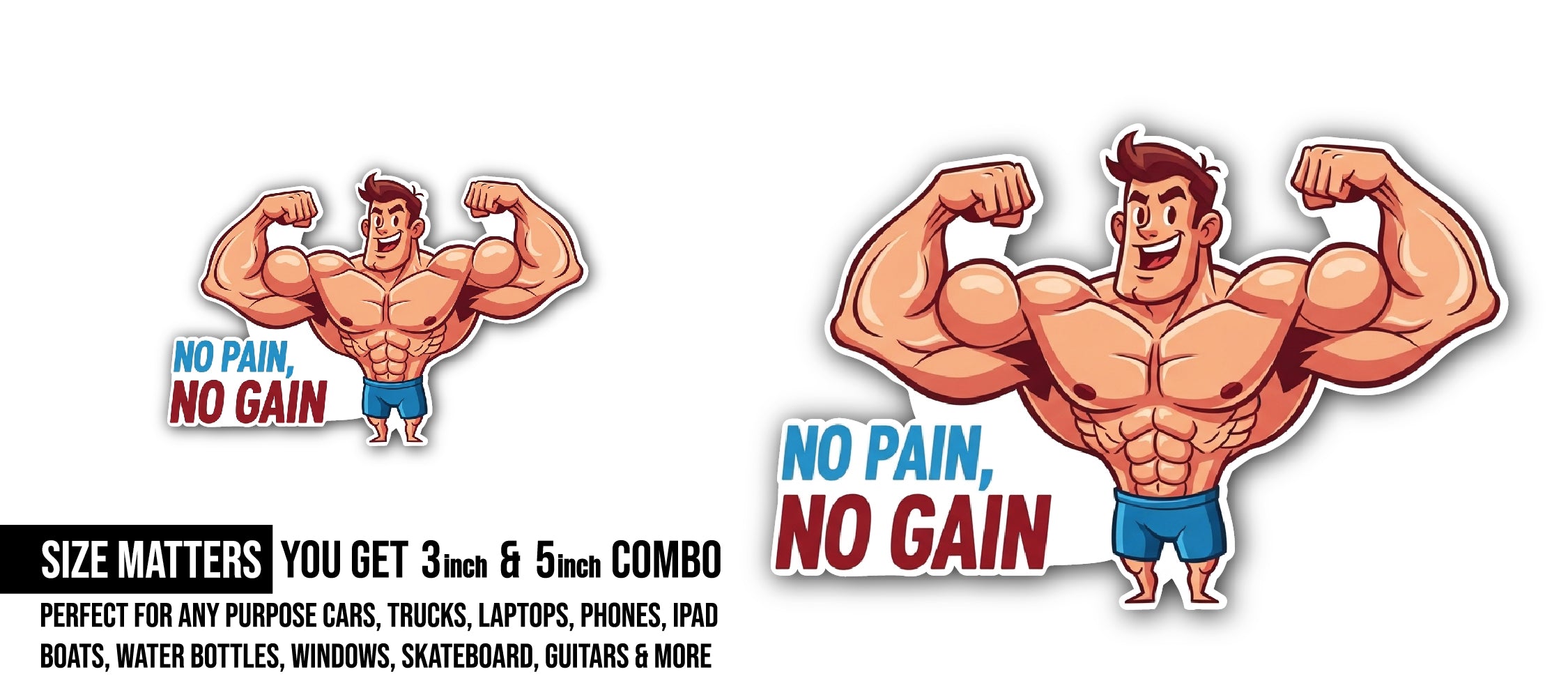 Muscular Man Sticker, Waterproof Vinyl Decal Sticker Indoor Or Outdoor 2 (Pieces) 3" and 5"