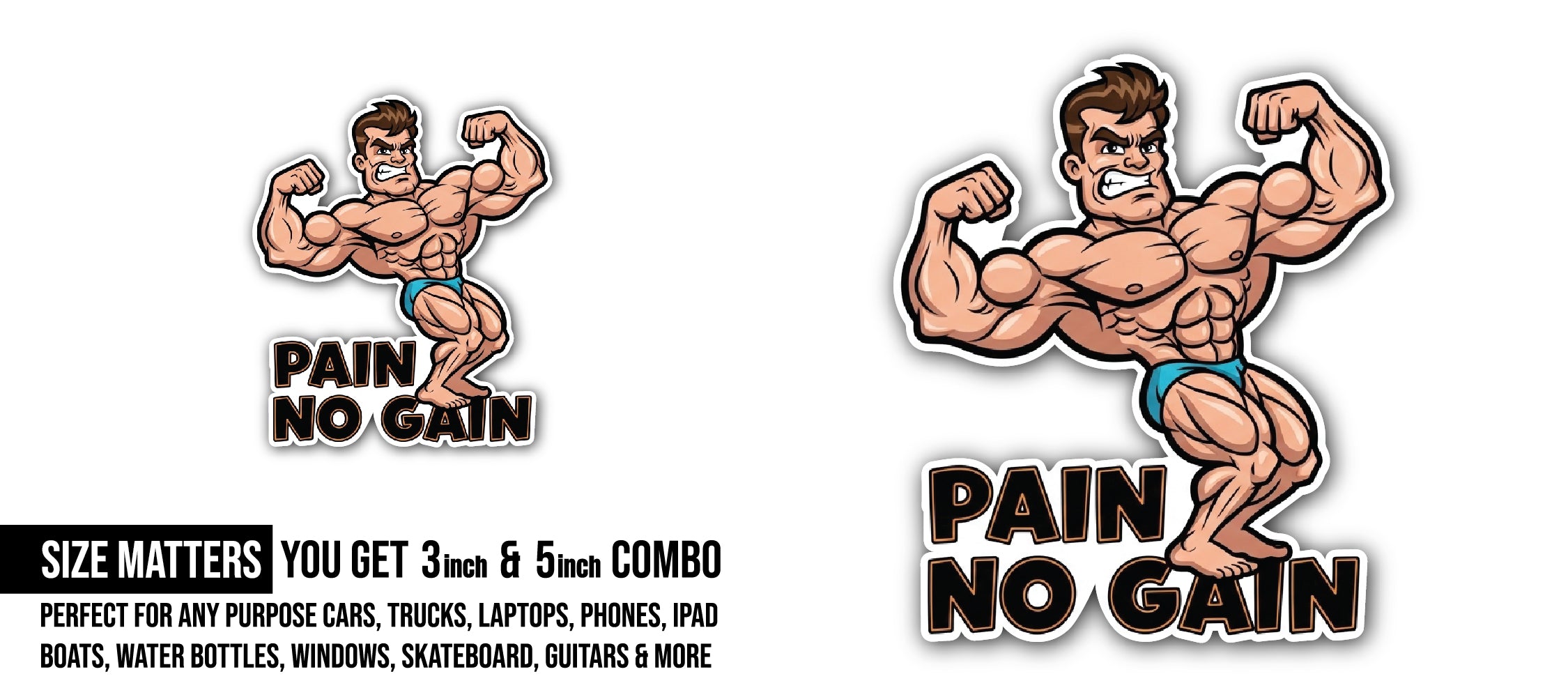 No Pain and Gain Sticker, Waterproof Vinyl Decal Sticker Indoor Or Outdoor 2 (Pieces) 3" and 5"