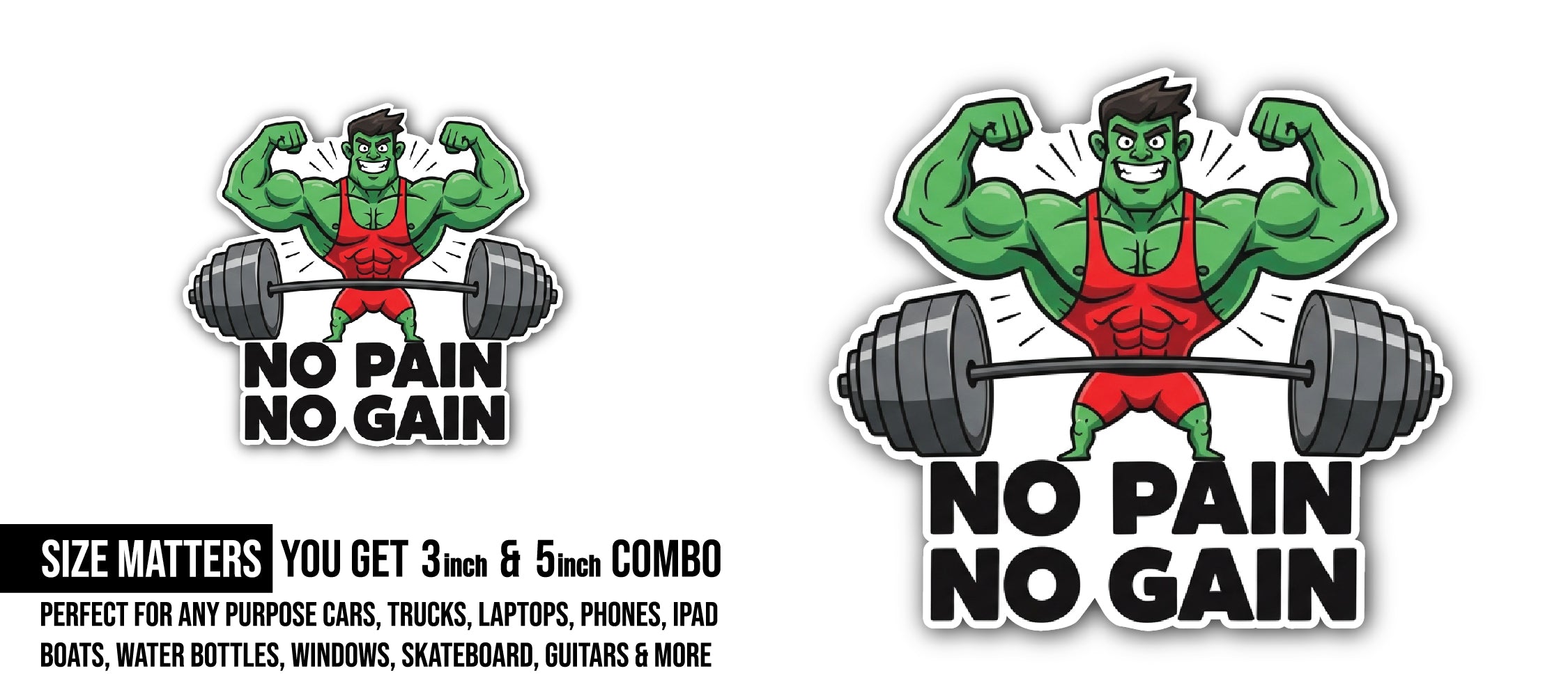 No Pain No Gain - Gym Motivational Quotes Sticker, Waterproof Vinyl Decal Sticker Indoor Or Outdoor 2 (Pieces) 3" and 5"