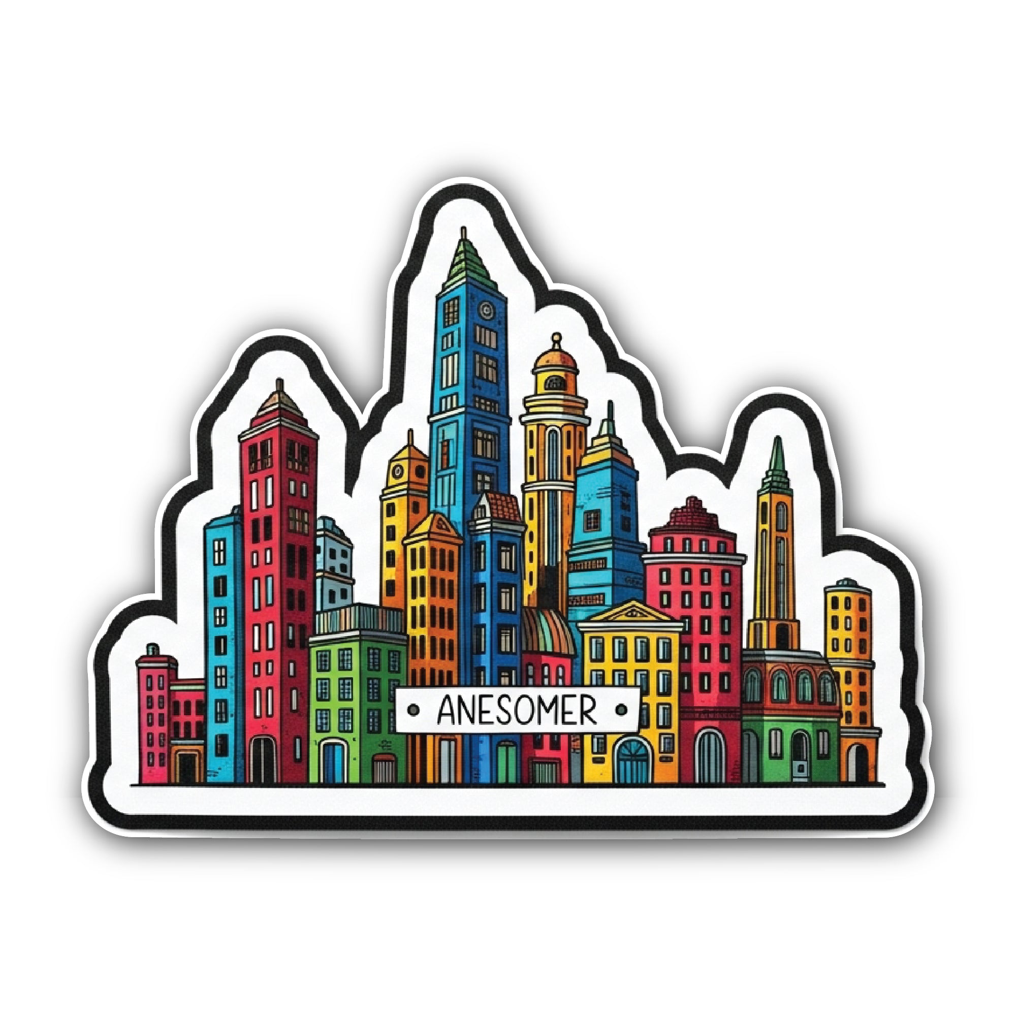 Cartoon City Sticker, Waterproof Vinyl Decal Sticker Indoor Or Outdoor 2 (Pieces) 3" and 5"