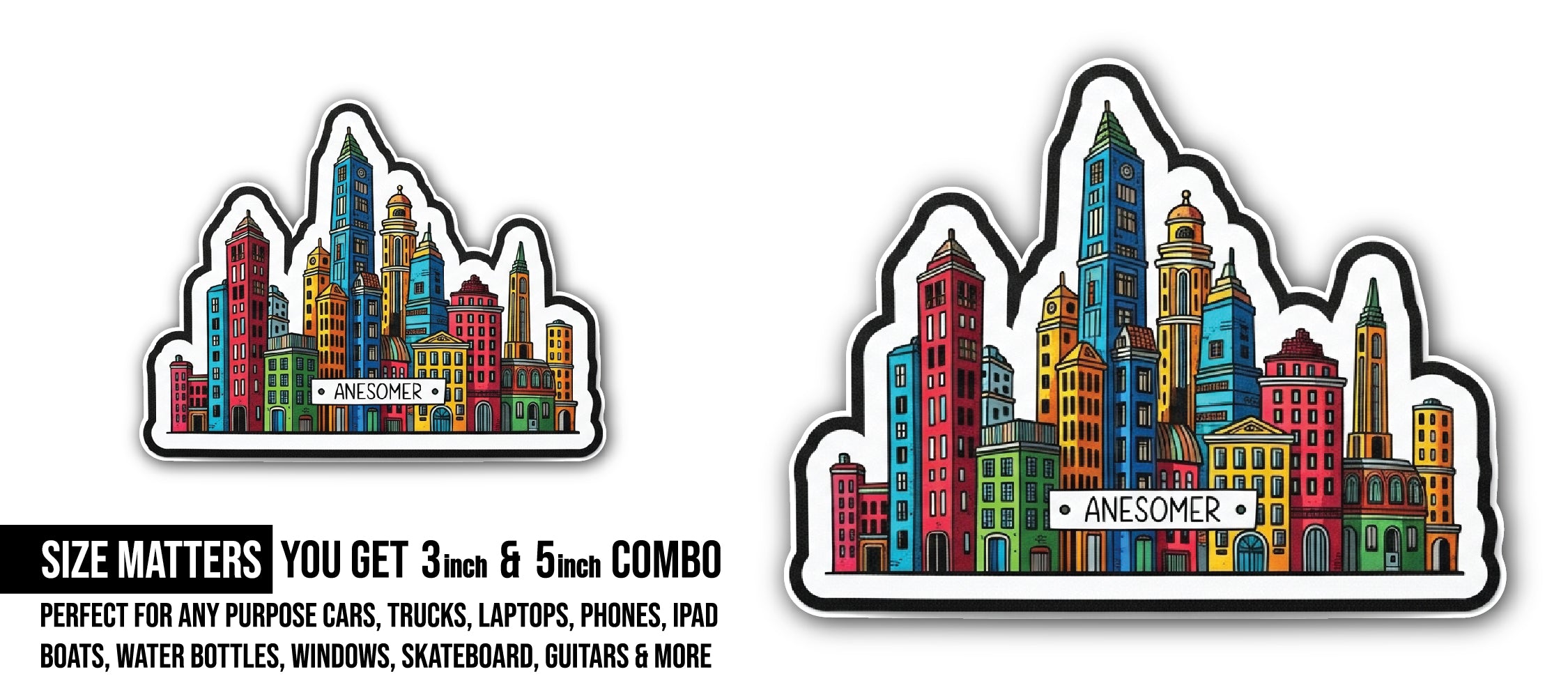 Cartoon City Sticker, Waterproof Vinyl Decal Sticker Indoor Or Outdoor 2 (Pieces) 3" and 5"