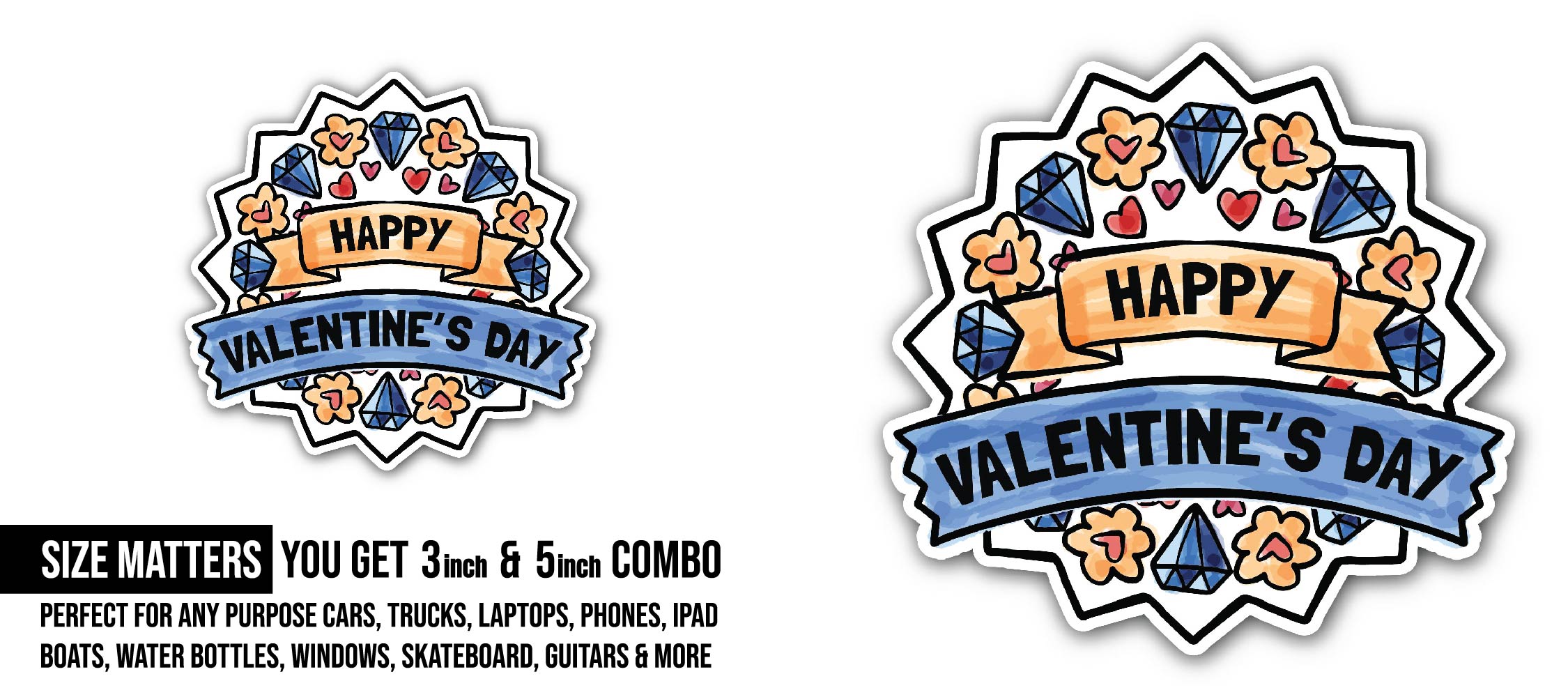 Valentine's Day with Flowers Sticker, Waterproof Vinyl Decal Sticker Indoor Or Outdoor 2 (Pieces) 3" and 5"