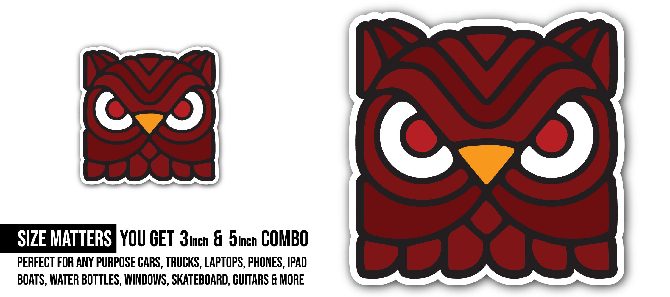 Owl Head Sticker, Waterproof Vinyl Decal Sticker Indoor Or Outdoor 2 (Pieces) 3" and 5"