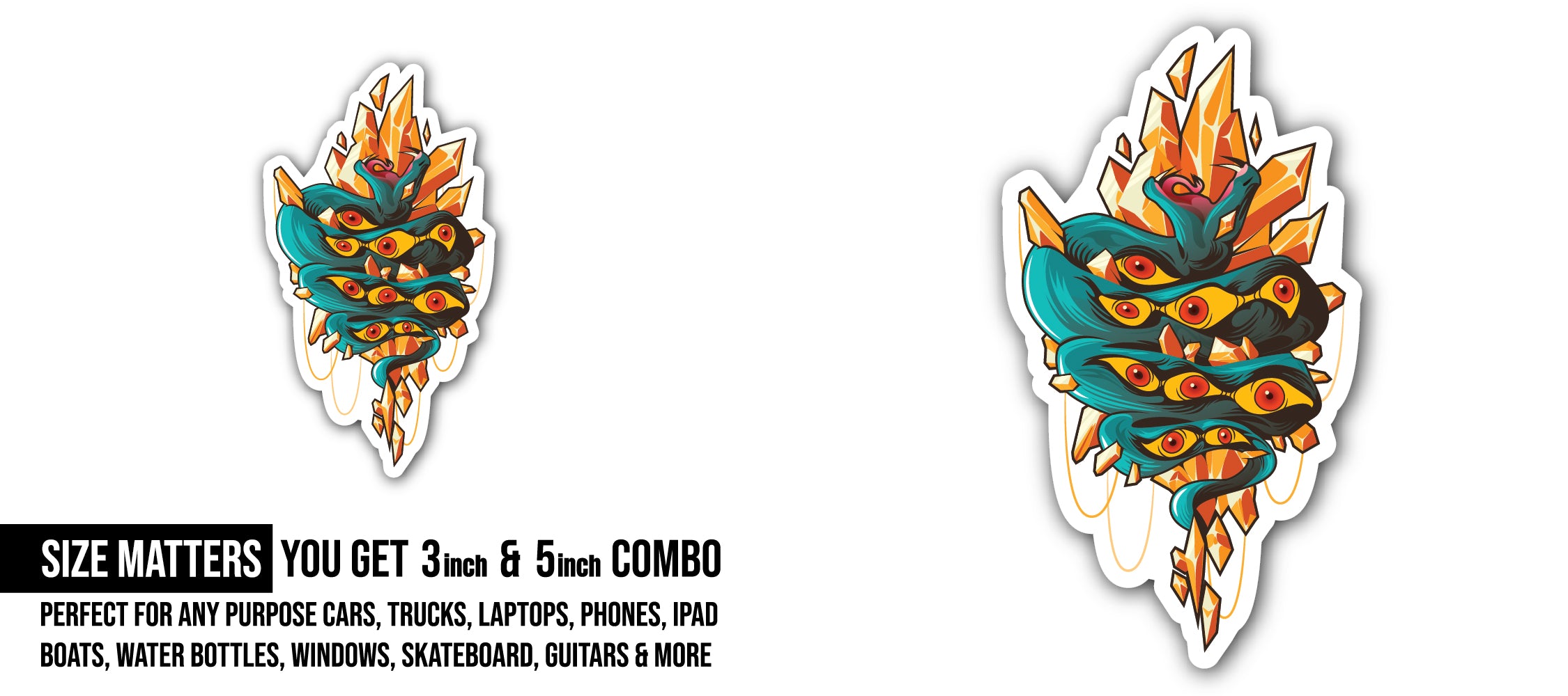 Tattoo Art with Snake with Pattern of Eyes Sticker, Waterproof Vinyl Decal Sticker Indoor Or Outdoor 2 (Pieces) 3" and 5"