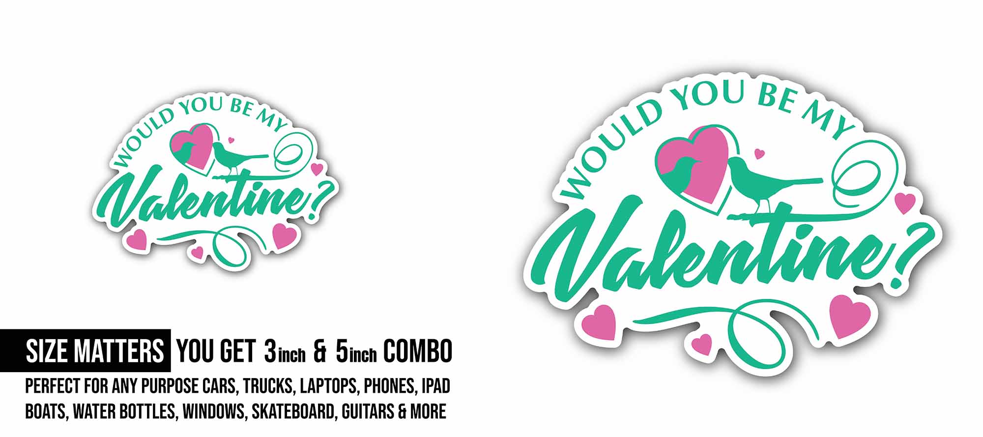 Birds & Heart with Valentine Sticker, Waterproof Vinyl Decal Sticker Indoor Or Outdoor 2 (Pieces) 3" and 5"