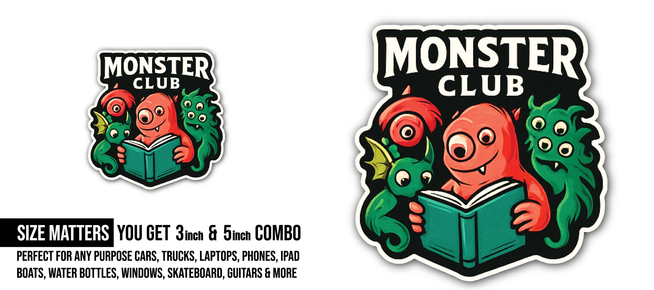Monster Club Sticker, Waterproof Vinyl Decal Sticker Indoor Or Outdoor 2 (Pieces) 3" and 5"
