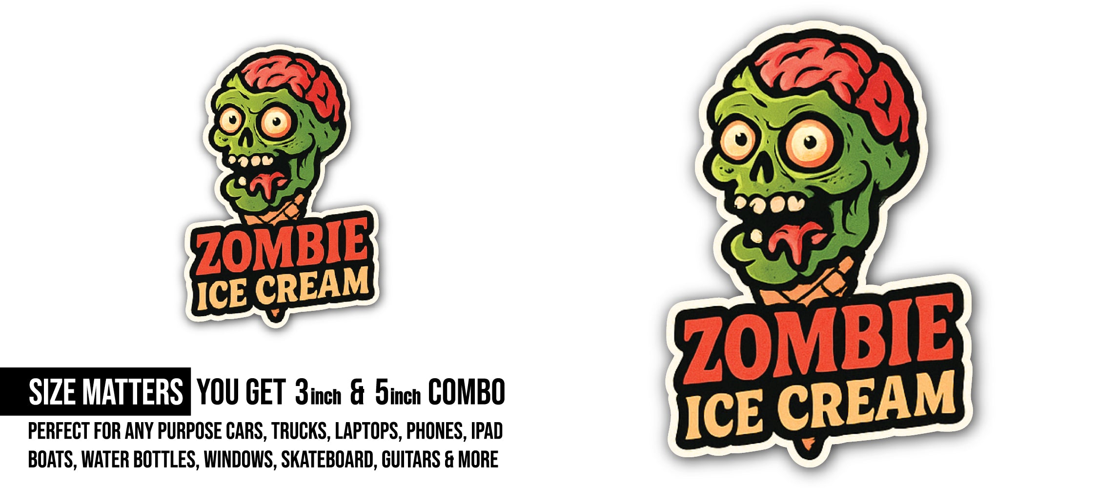 Zombie Ice Cream Sticker, Waterproof Vinyl Decal Sticker Indoor Or Outdoor 2 (Pieces) 3" and 5"