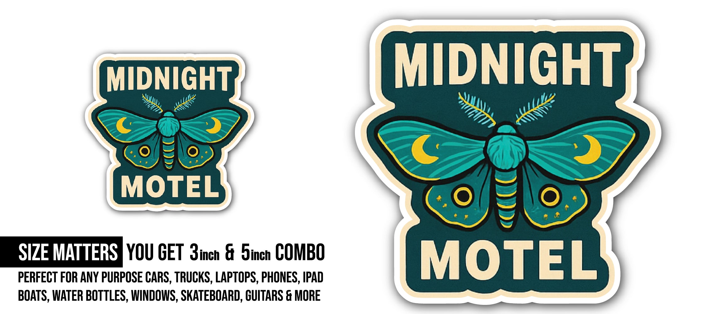 Midnight Motel Sticker, Waterproof Vinyl Decal Sticker Indoor Or Outdoor 2 (Pieces) 3" and 5"