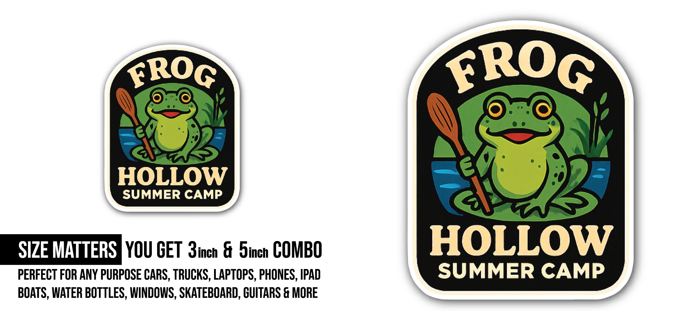 Frog Hollow Summer Camp Sticker, Waterproof Vinyl Decal Sticker Indoor Or Outdoor 2 (Pieces) 3" and 5"
