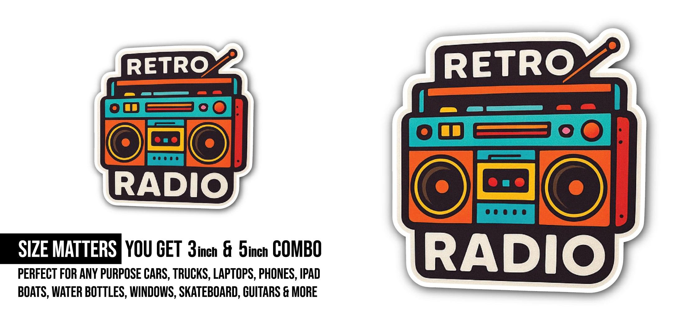 Retro Radio Sticker, Waterproof Vinyl Decal Sticker Indoor Or Outdoor 2 (Pieces) 3" and 5"