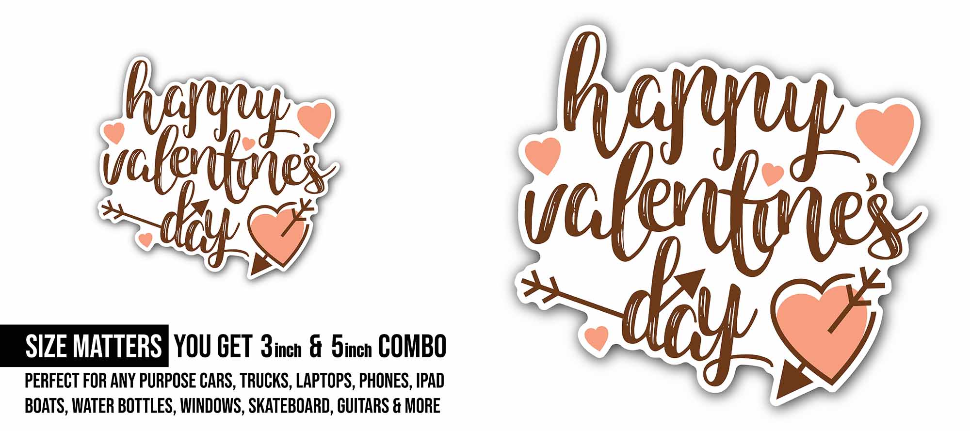 Orange Color Heart with Happy Valentine's Day Sticker, Waterproof Vinyl Decal Sticker Indoor Or Outdoor 2 (Pieces) 3" and 5"