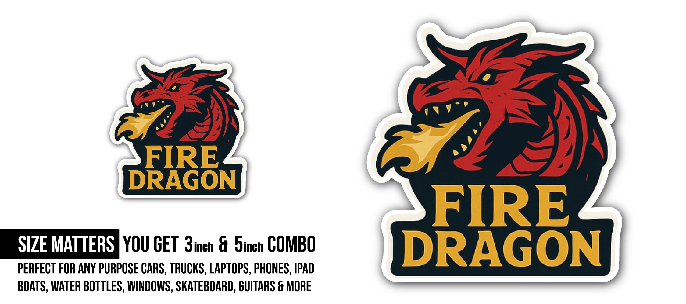 Fire Dragon Sticker, Waterproof Vinyl Decal Sticker Indoor Or Outdoor 2 (Pieces) 3" and 5"