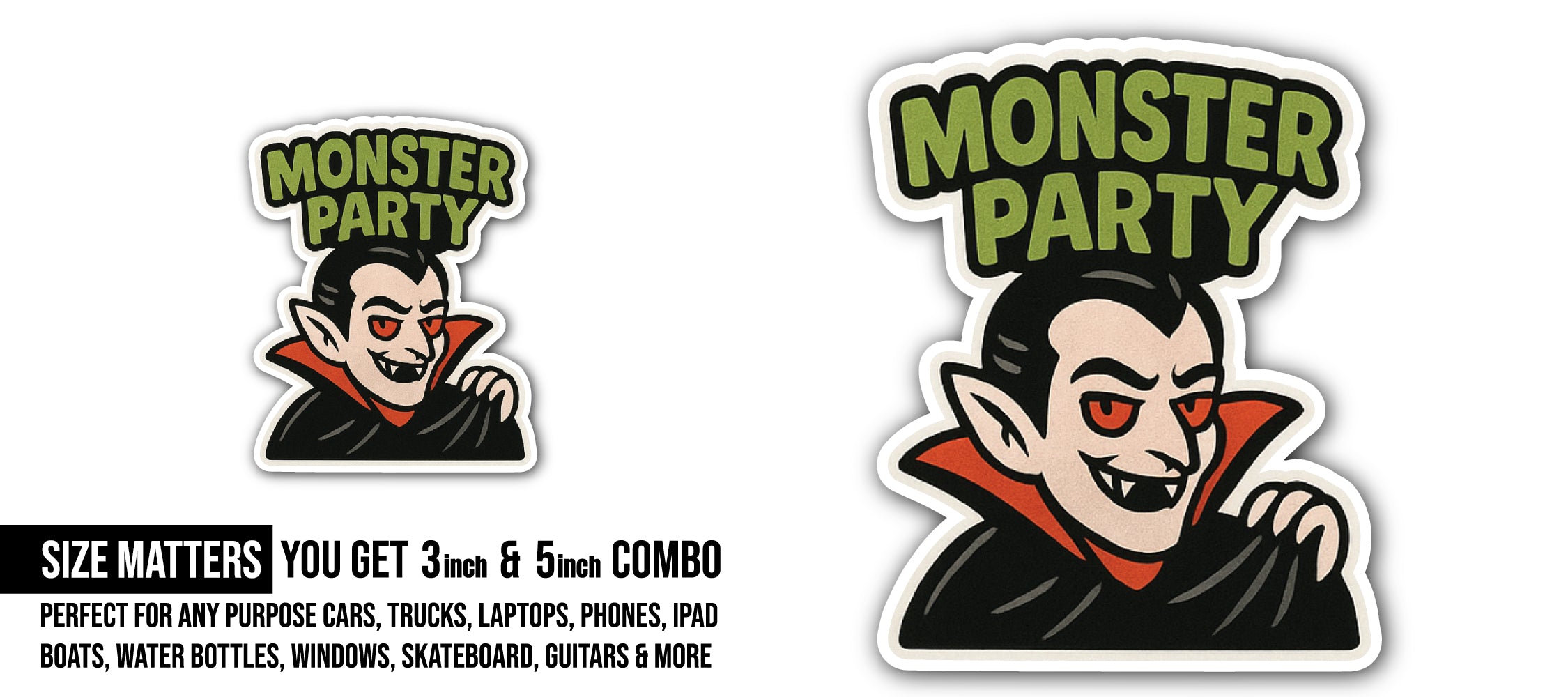Monster Party Sticker, Waterproof Vinyl Decal Sticker Indoor Or Outdoor 2 (Pieces) 3" and 5"
