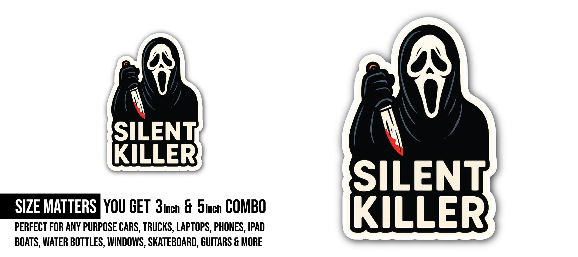 Silent Killer Sticker, Waterproof Vinyl Decal Sticker Indoor Or Outdoor 2 (Pieces) 3" and 5"