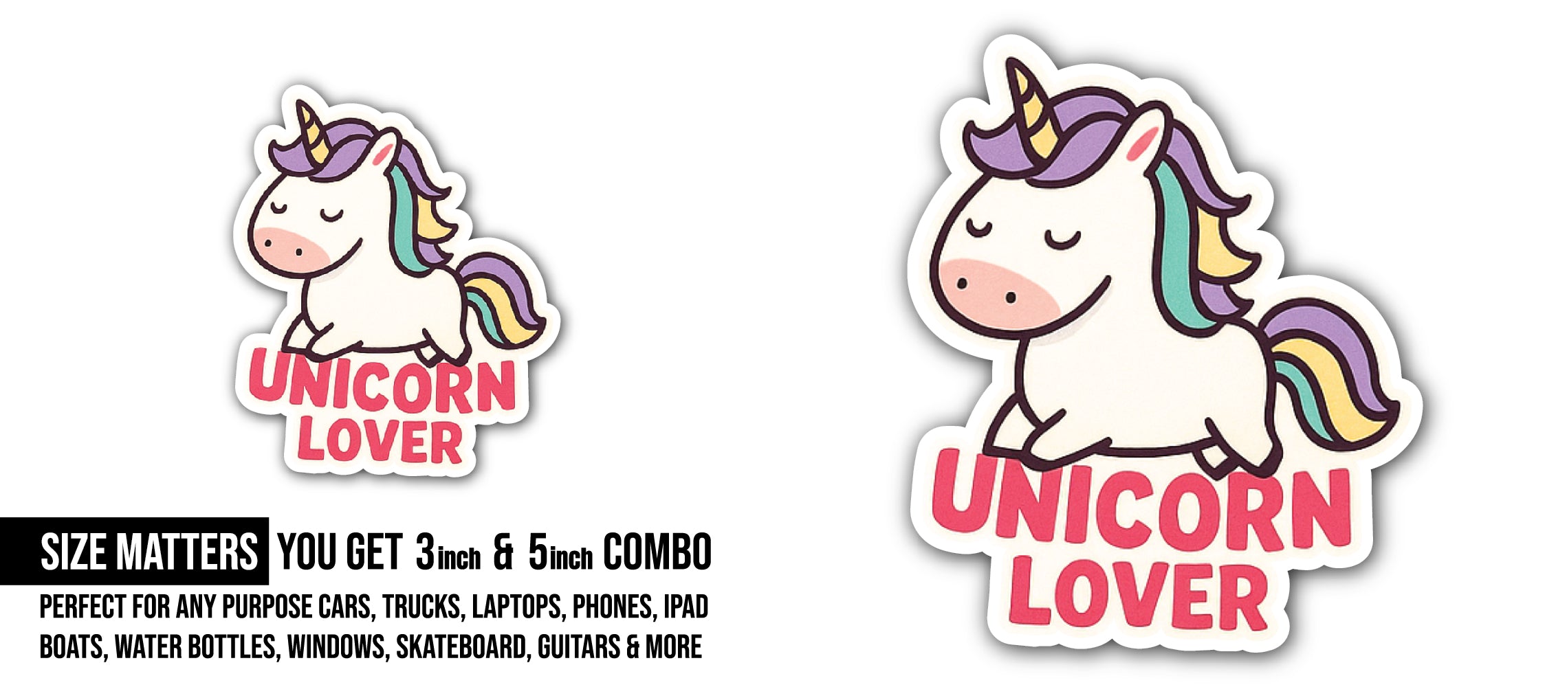 Unicorn Lover Sticker, Waterproof Vinyl Decal Sticker Indoor Or Outdoor 2 (Pieces) 3" and 5"