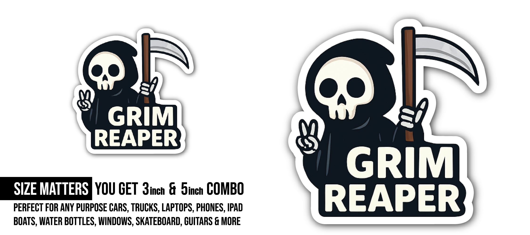 Grim Reaper Sticker, Waterproof Vinyl Decal Sticker Indoor Or Outdoor 2 (Pieces) 3" and 5"