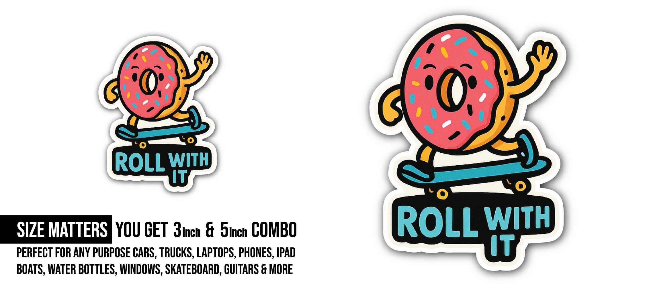 Cute Doughnut Playing Skateboard Sticker, Waterproof Vinyl Decal Sticker Indoor Or Outdoor 2 (Pieces) 3" and 5"