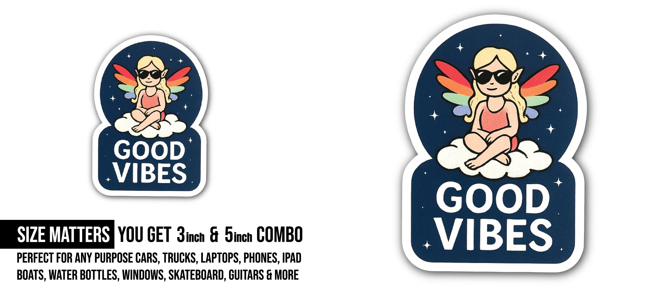 Good Vibes Sticker, Waterproof Vinyl Decal Sticker Indoor Or Outdoor 2 (Pieces) 3" and 5"