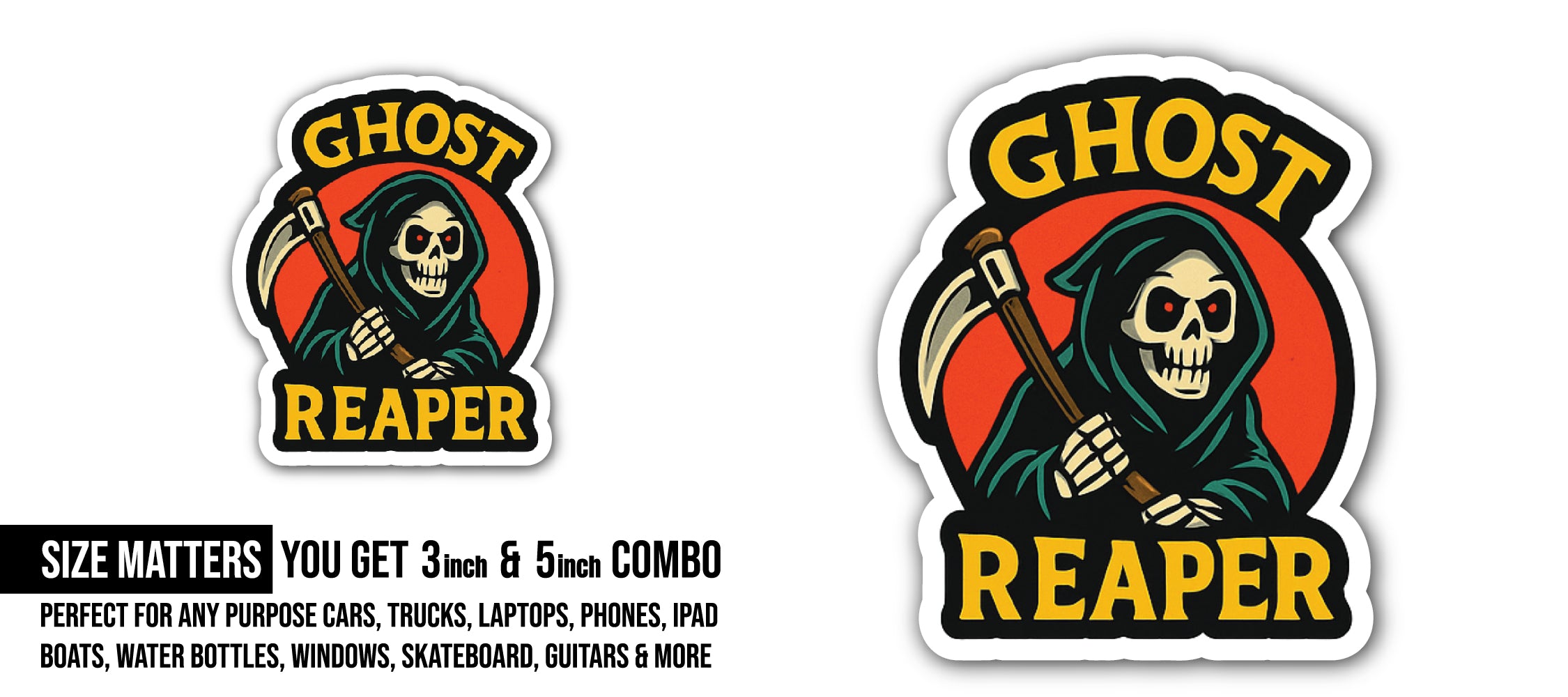Ghost Reaper Sticker, Waterproof Vinyl Decal Sticker Indoor Or Outdoor 2 (Pieces) 3" and 5"