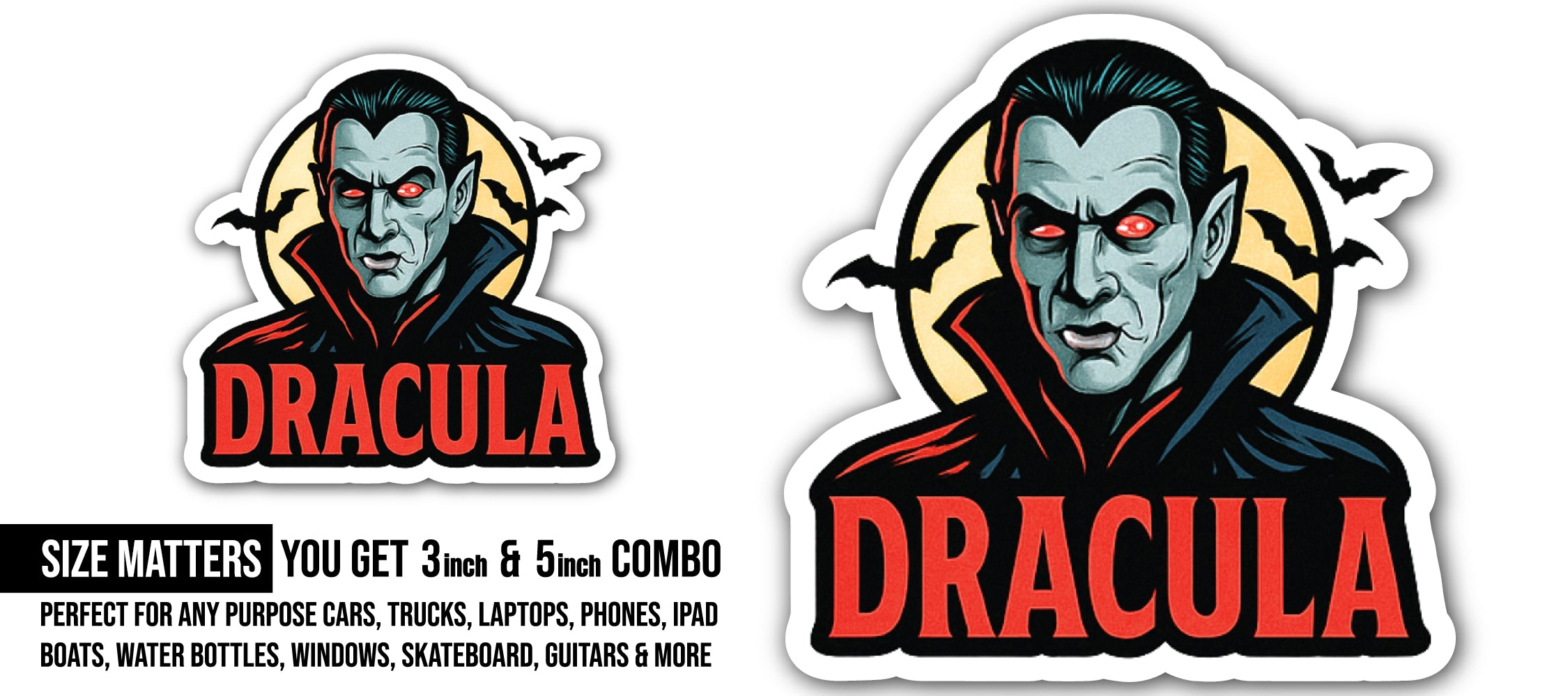 Dracula Sticker, Waterproof Vinyl Decal Sticker Indoor Or Outdoor 2 (Pieces) 3" and 5"