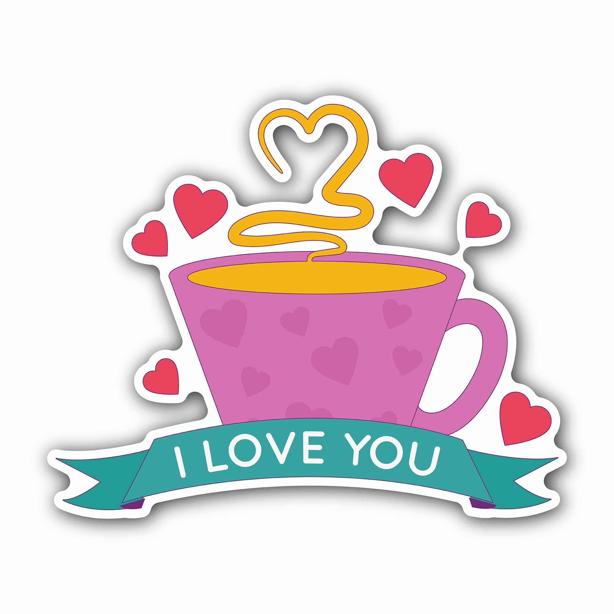I Love You Text with Tea Cup Sticker, Waterproof Vinyl Decal Sticker Indoor Or Outdoor 2 (Pieces) 3" and 5"