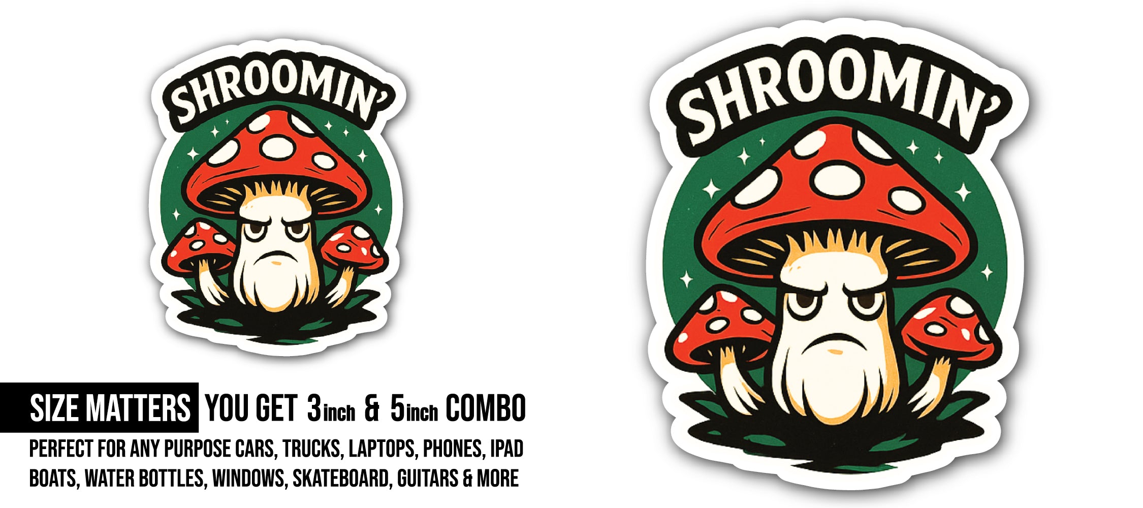 Angry Mushroom Sticker, Waterproof Vinyl Decal Sticker Indoor Or Outdoor 2 (Pieces) 3" and 5"