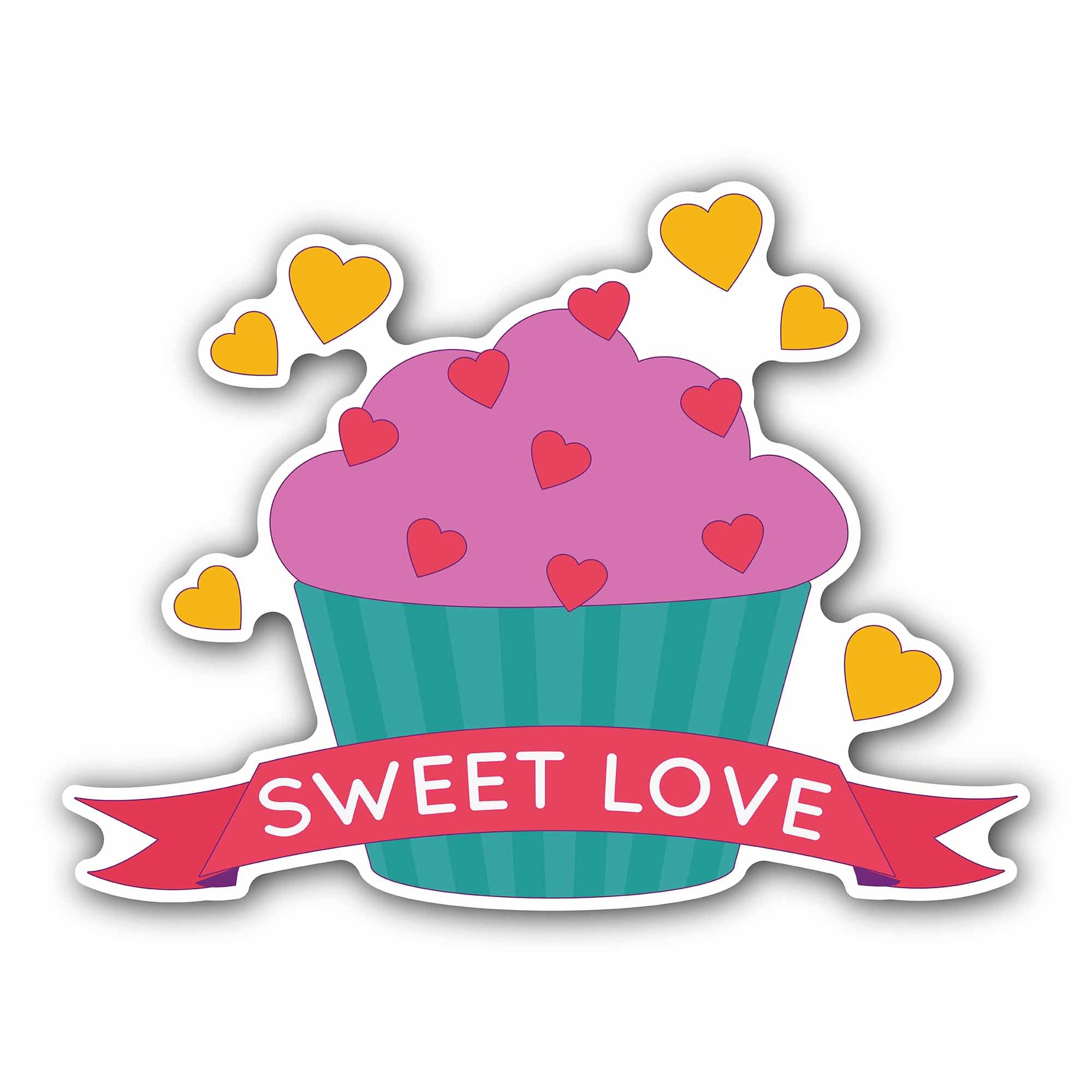 Cup Cake with Sweet Love Sticker, Waterproof Vinyl Decal Sticker Indoor Or Outdoor 2 (Pieces) 3" and 5"