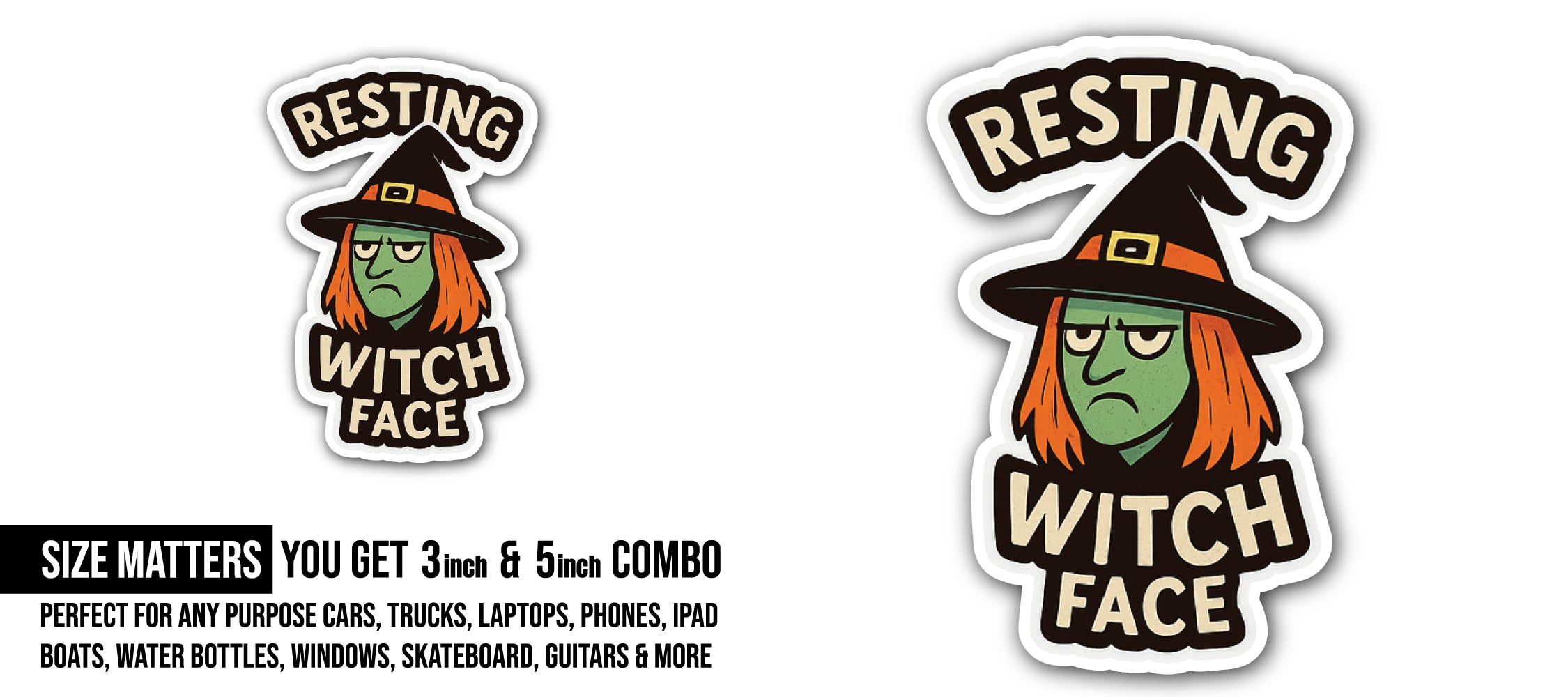 Resting Witch Face Sticker, Waterproof Vinyl Decal Sticker Indoor Or Outdoor 2 (Pieces) 3" and 5"