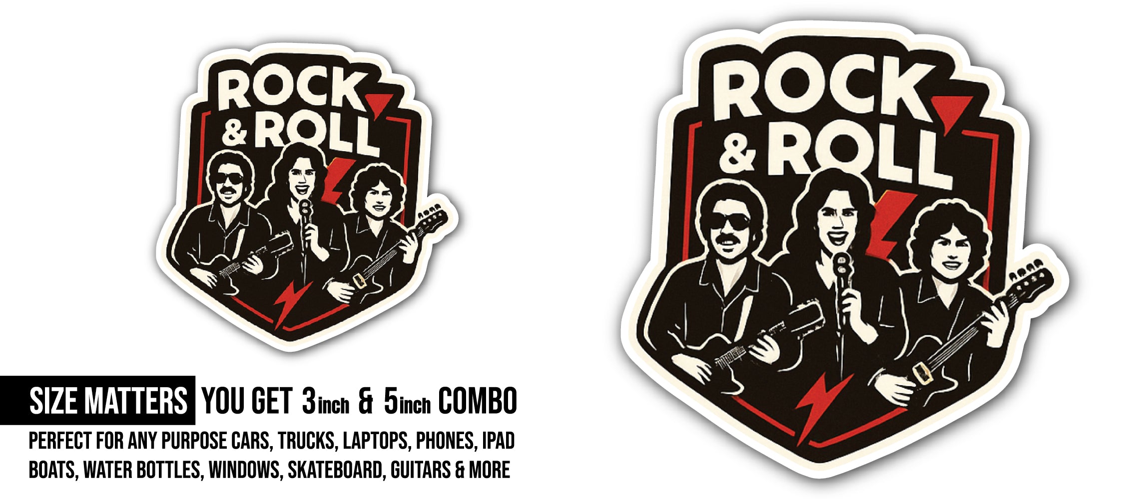 Rock & Roll Sticker, Waterproof Vinyl Decal Sticker Indoor Or Outdoor 2 (Pieces) 3" and 5"