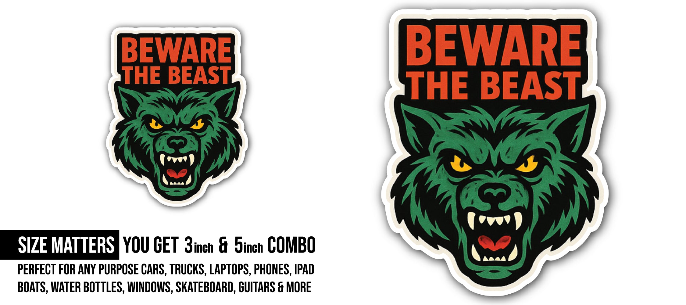 Green Wolf Sticker, Waterproof Vinyl Decal Sticker Indoor Or Outdoor 2 (Pieces) 3" and 5"